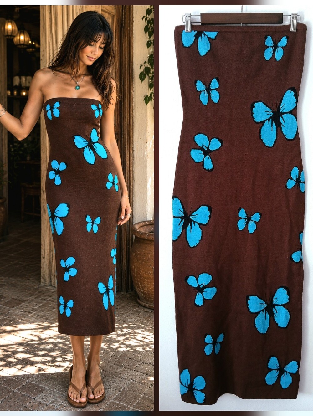 Bailey Rose BUTTERFLY Pull On TUBE Knit Bodycon Slit DRESS Y2K Women's Size M